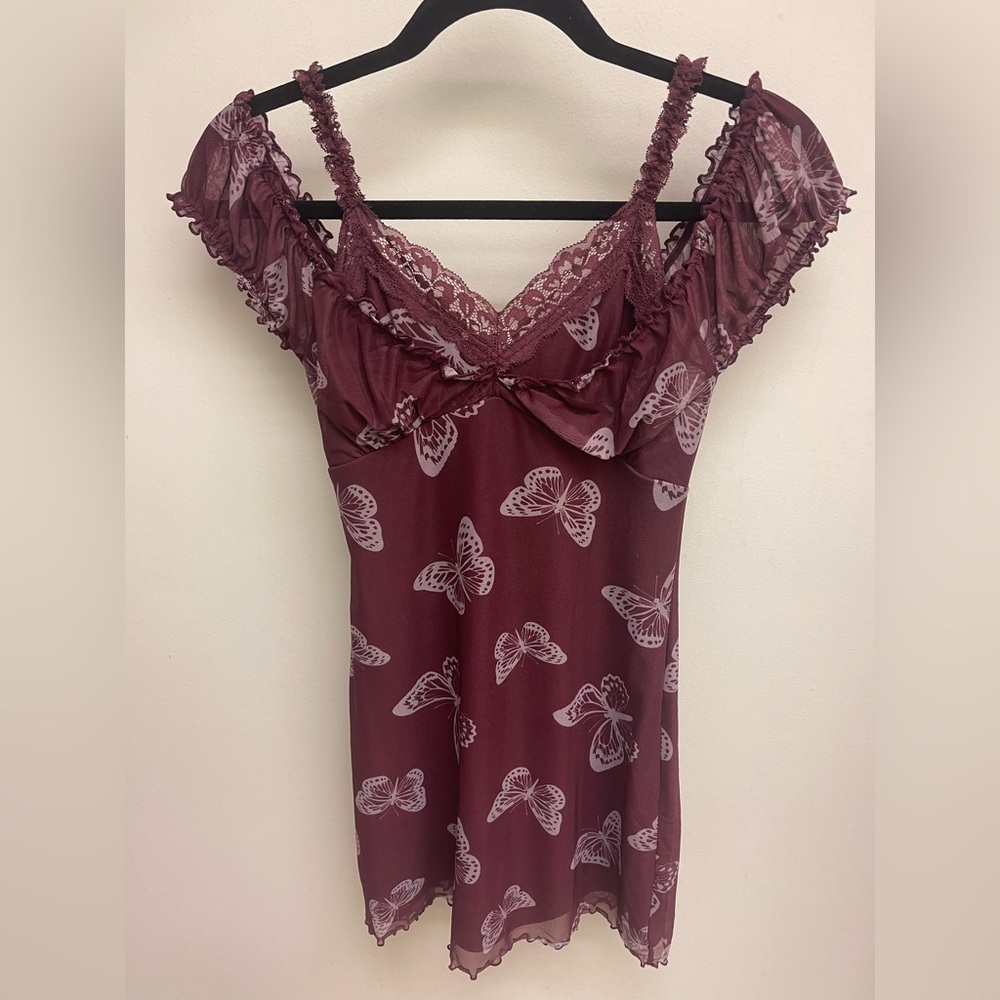 Forever 21 Burgundy Y2K butterfly dress with lace trim size S
